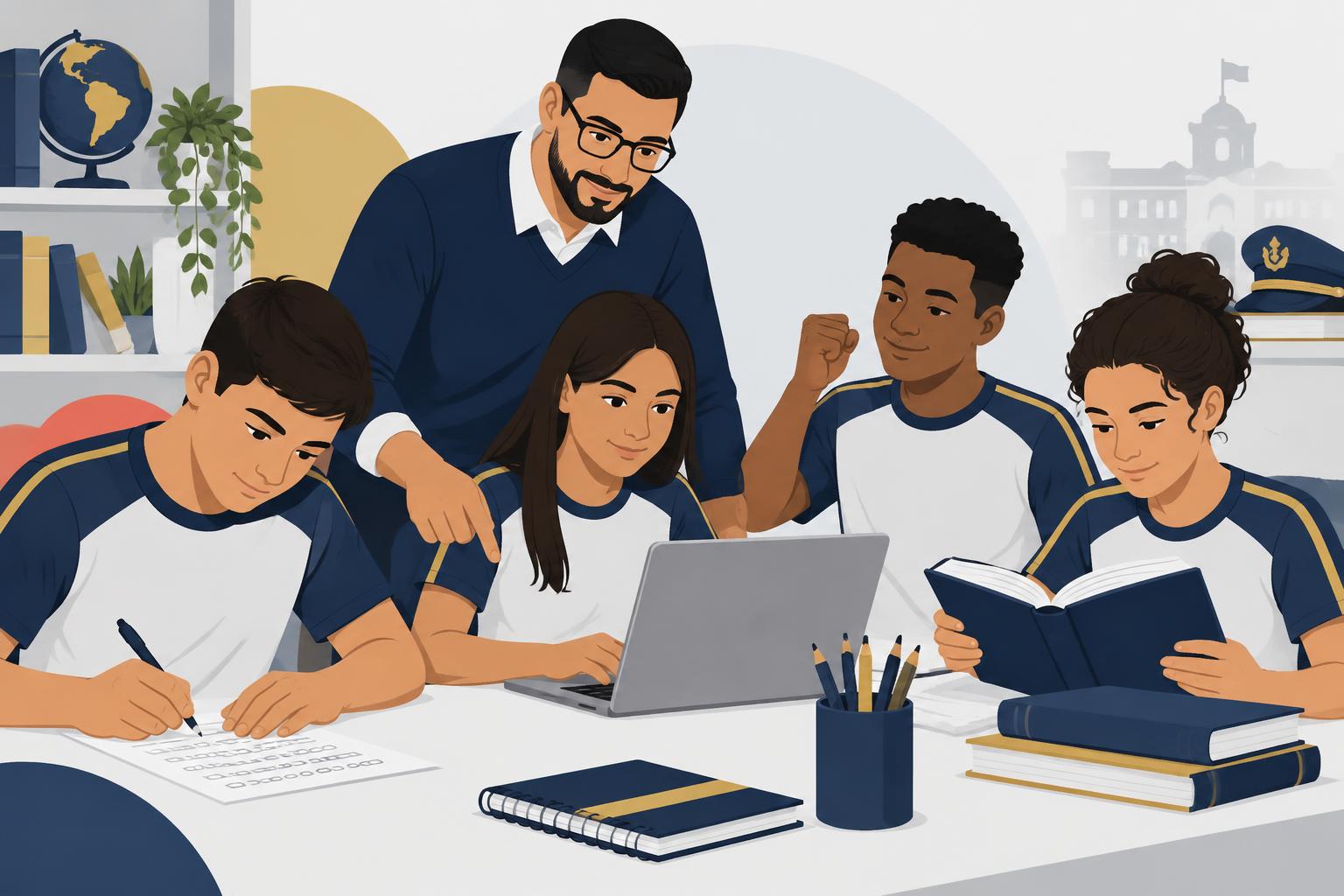 Professor orientando estudantes durante um simulado e a análise do desempenho