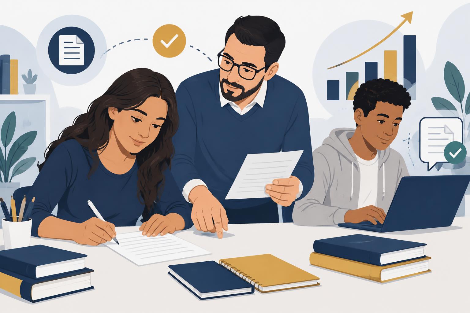 Estudante escrevendo uma redação enquanto o professor orienta a correção